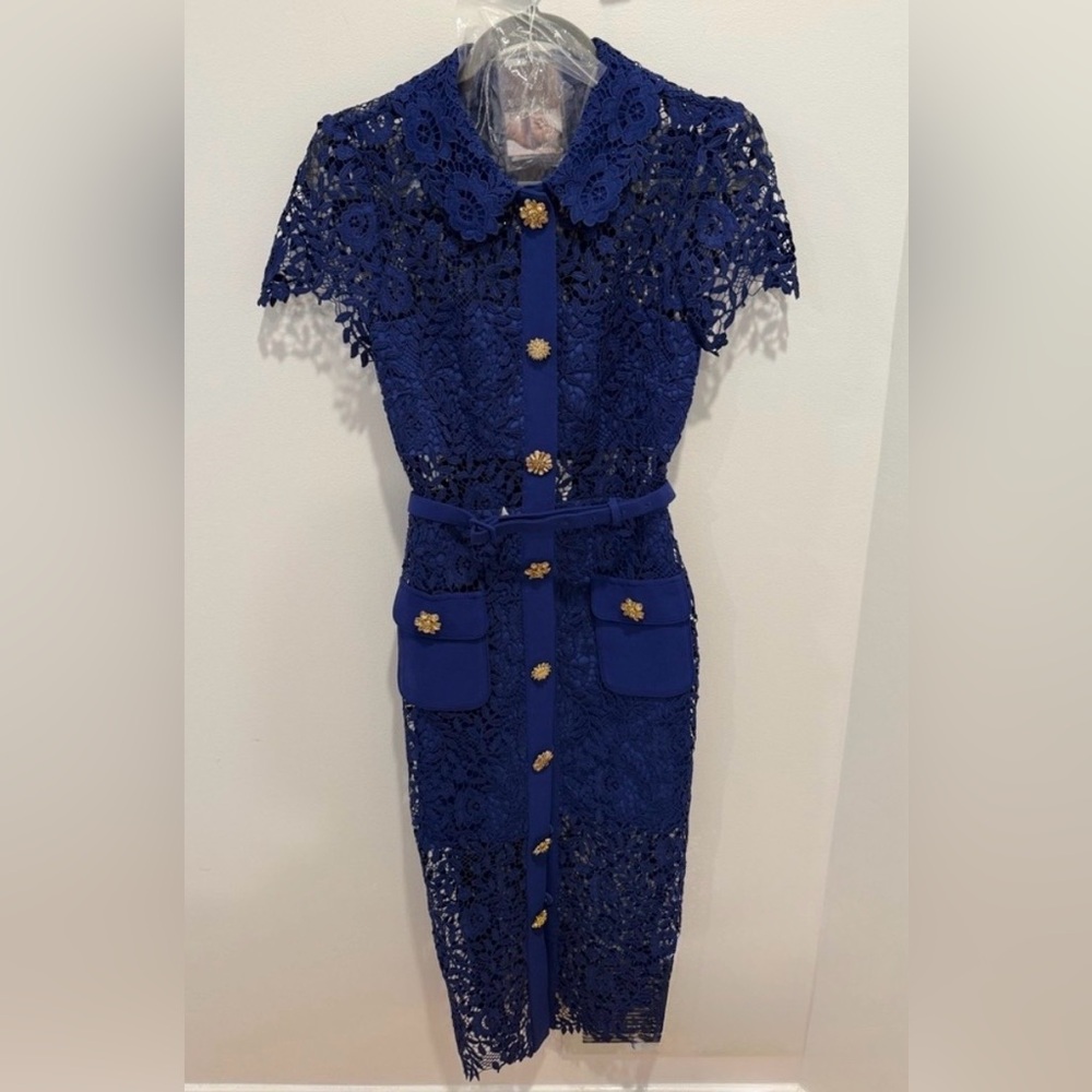 NWT Self-Portrait Belted Lace Blue Midi Dress